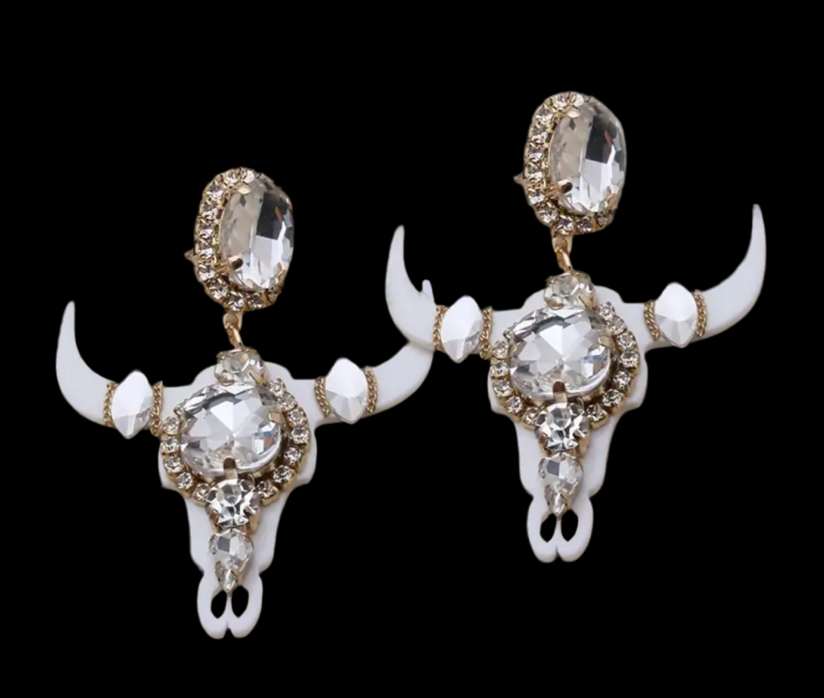 YEE-HAW WHITE GLAM LONGHORN DANGLE EARRINGS